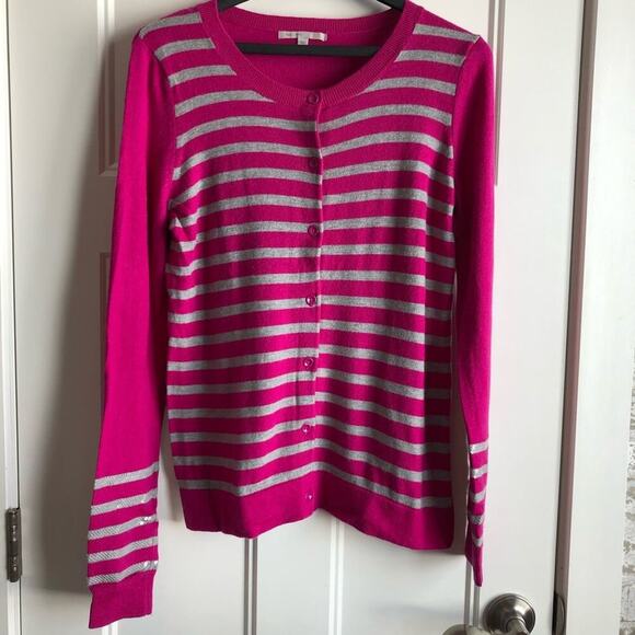 GAP brand pink and grey striped cardigan sequin on sleeves sz small - Picture 6 of 7